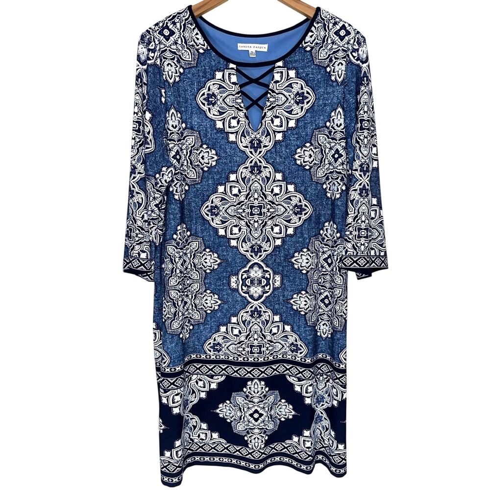 Sandra Darren Blue White Strappy V-Neck 3/4 Sleeve Printed Mini Dress Size XL